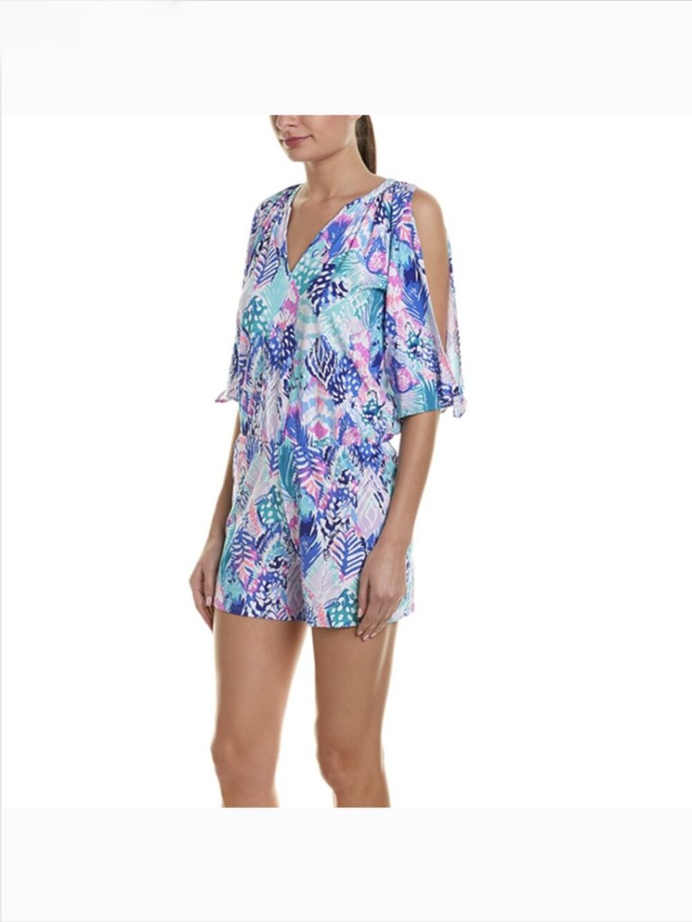 Lilly Pulitzer Bryce Romper M Quill Out Half Sleeve with Ties Cold Shoulder